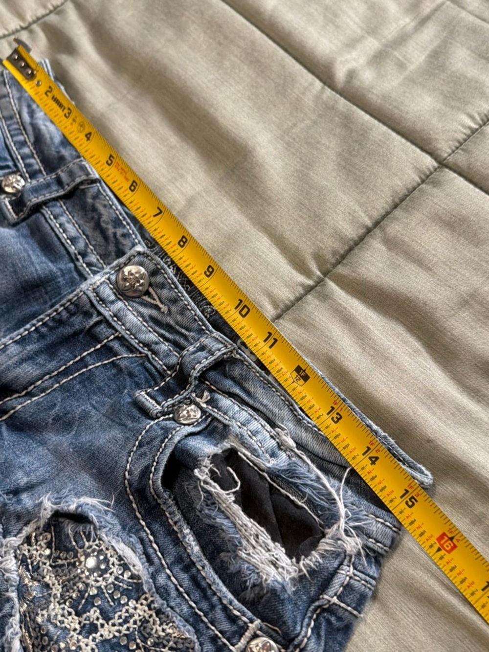 Miss Me Blue Distressed Denim Shorts with Lace Insets - Picture 5 of 5